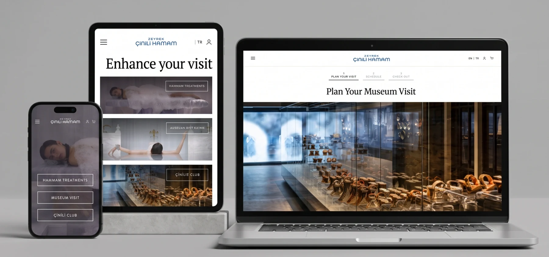The Zeyrek booking experience across phone, tablet and laptop